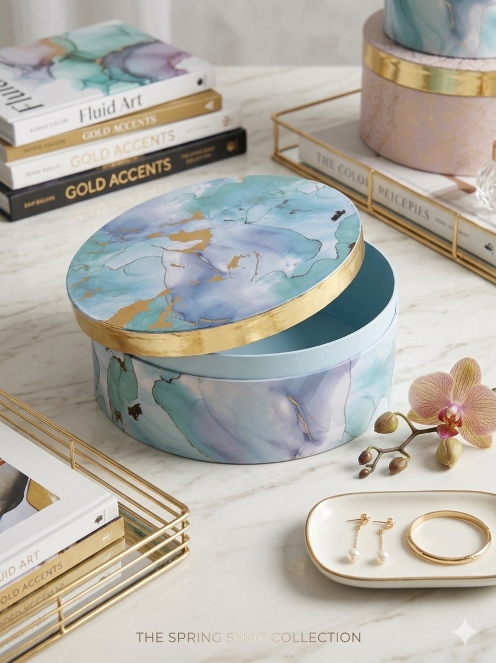 Elegant Blue Marble Pattern Round Keepsake Storage Box Gold Foil Accents New